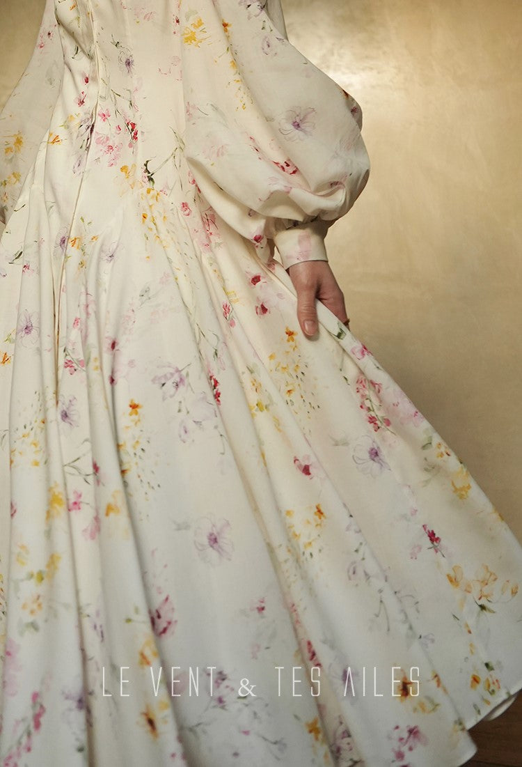 LE VENT&TES AILES Luxury summer vacation floral print Fancy Midi Dress-ZOE