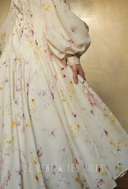 LE VENT&TES AILES Luxury summer vacation floral print Fancy Midi Dress-ZOE