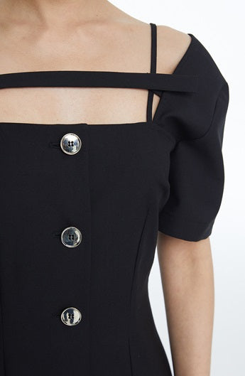 TINY IN dropped shoulders short sleeve square neck little black dress -JAJA
