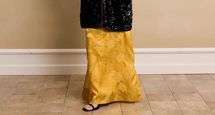 HECO Acetate Peony Jacquard Embroidery Side Slit Maxi Skirt  - SMART.