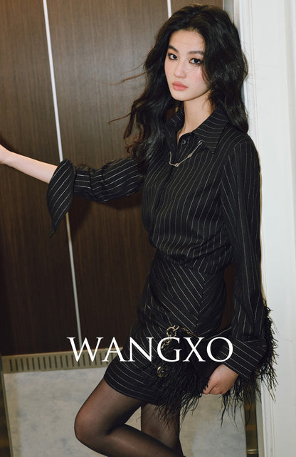 WANGXO | ROW-Style White Stripe Pinched Pleat Hip Slim Shirt Dress -NINA.