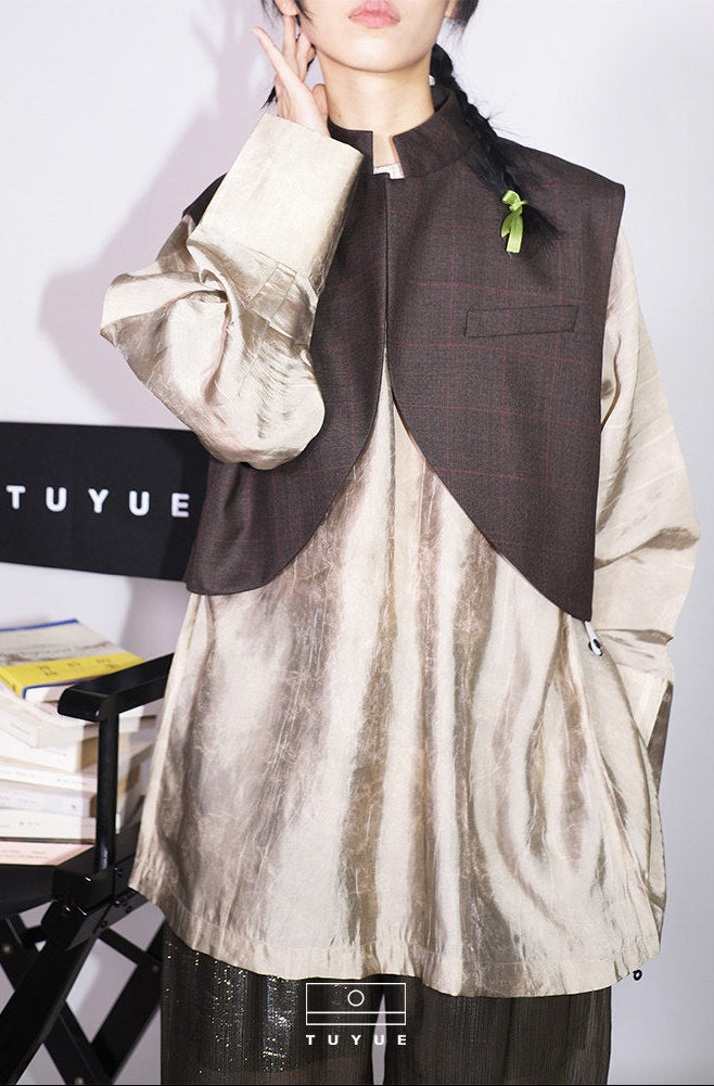 TUYUE wool coffee color dark check short vest - CHRISTINA.