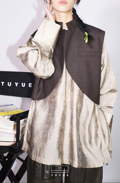 TUYUE wool coffee color dark check short vest - CHRISTINA.