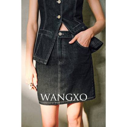 WANGXO | Denim with High-Quality Cotton Blend Waist Contrast Line Denim Vest & Skirt Set -ZIVA