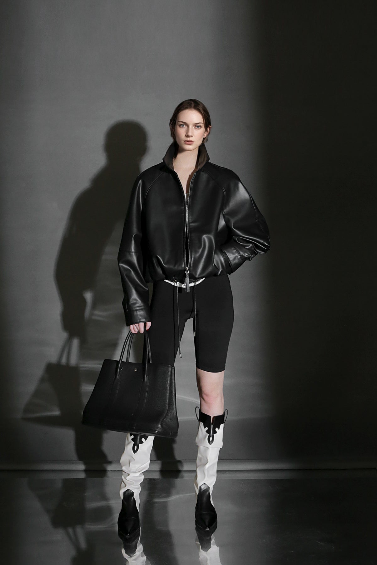 PIAOIN Small lapels short motorcycle leather jacket hem trimmed spring-DAX.