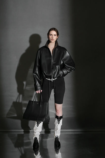 PIAOIN Small lapels short motorcycle leather jacket hem trimmed spring-DAX.