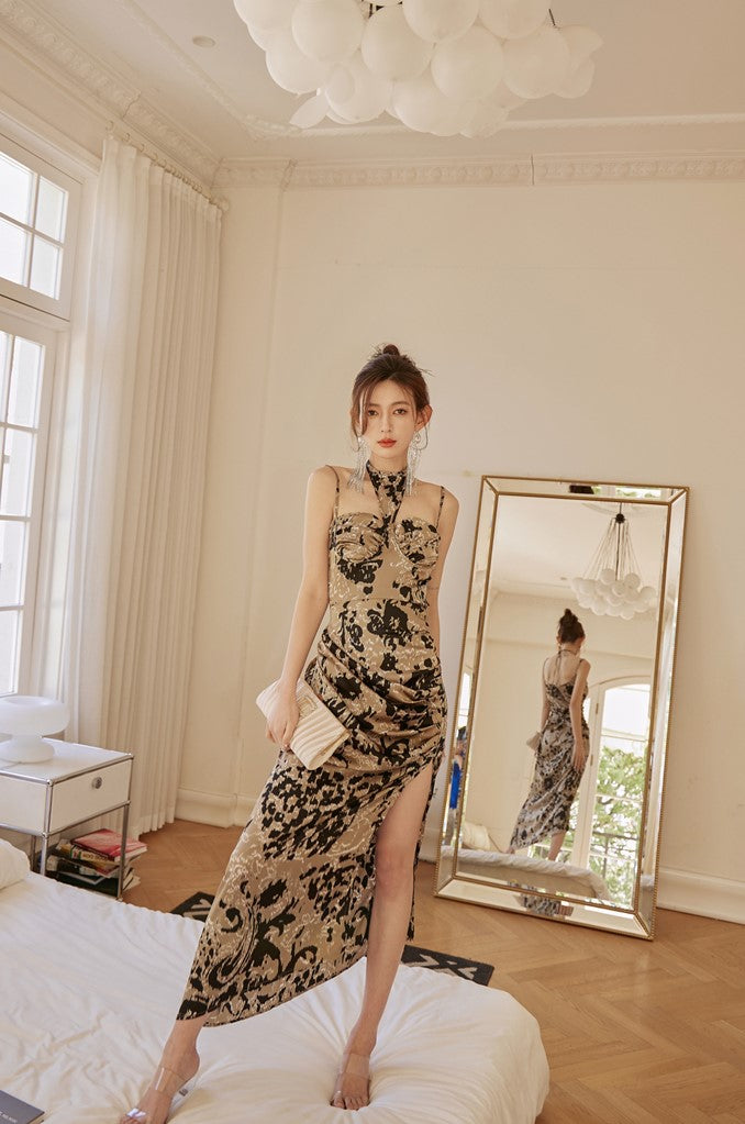 DOLLY Elegant Sleeveless Halter Neck Pleated Slim Fit Long Sexy Birthday Dress-BELLA