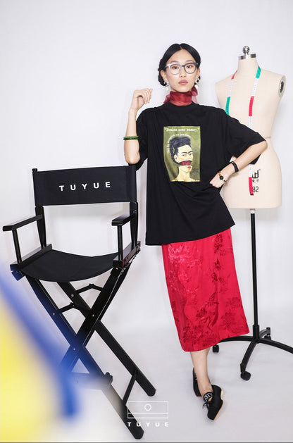 TUYUE Frida art print crew neck mercerized cotton short-sleeved T-shirt- ARCHER.