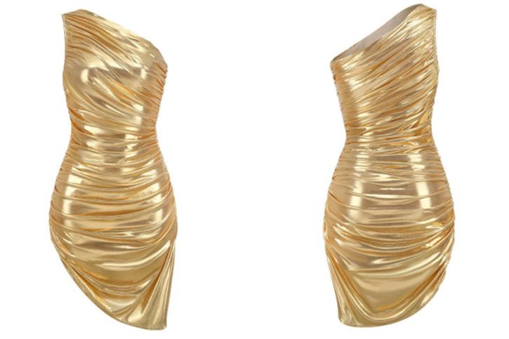 DOLLY Gold Slant Collar Off Shoulder Pleated Body Hug Midi Dinner Dress-AURELIA