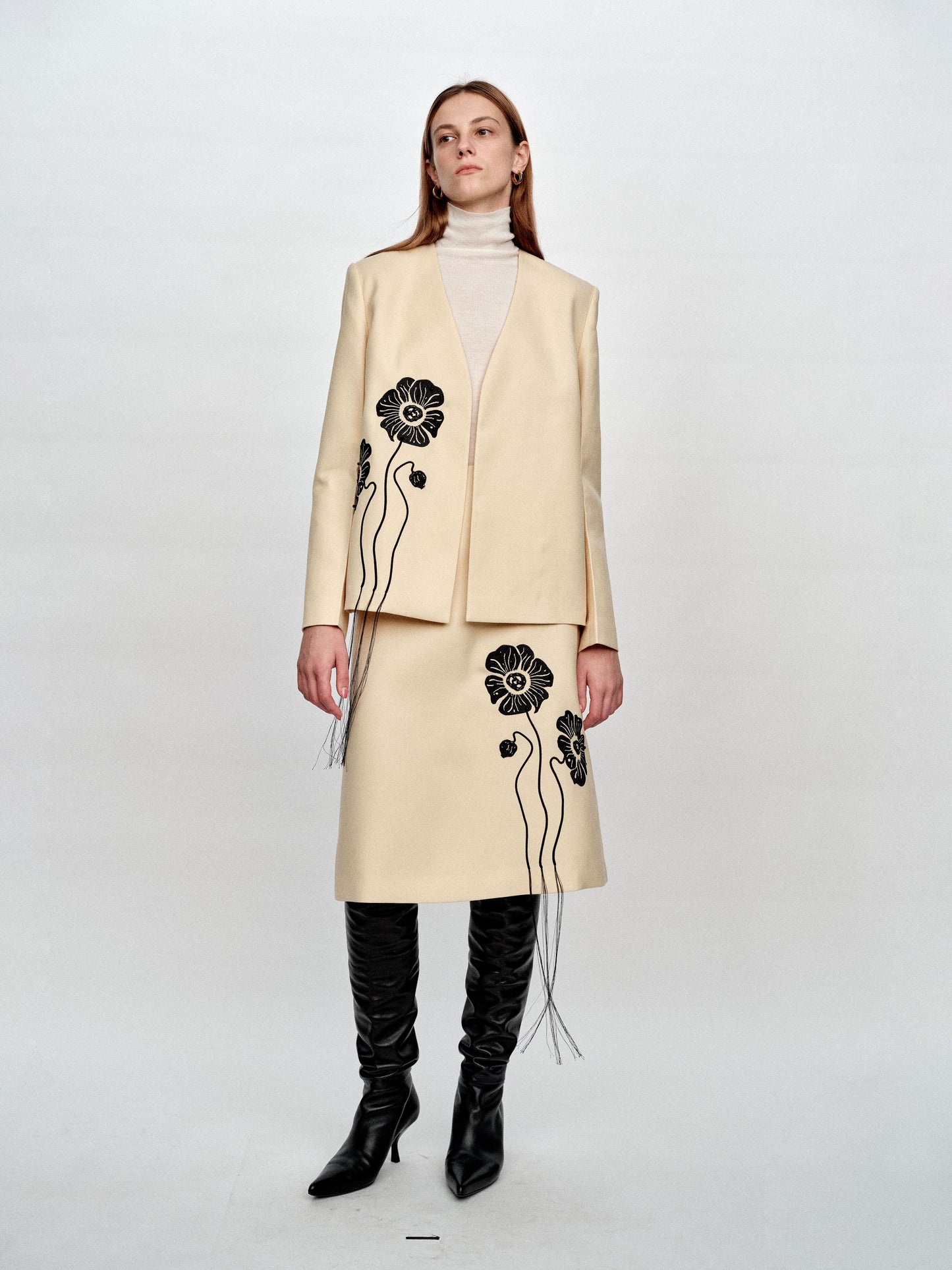 SERRER Flower embroidery nail beads pale yellow fringed umbrella skirt - FUNMI.