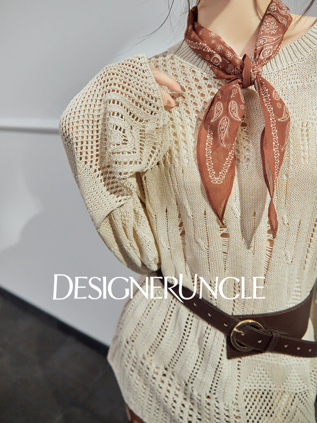 DGU| Khaki Knitted Sweater Hollow Design Niche Loose Top - Felicia.