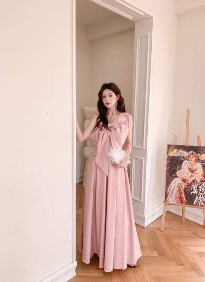 DOLLY High End Retro Style One Shoulder Big Bow Long Dinner Dress-KIKI