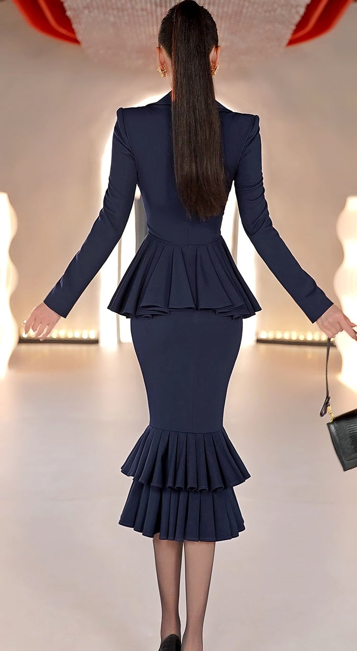 VJE Two Ruffled Mermaid Skirt Waist Slimming Mid Dress - OZO.