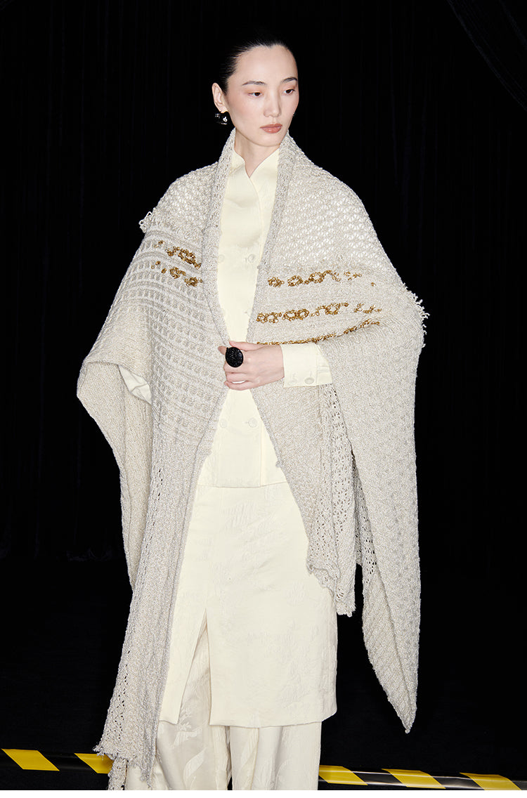 M essential Mackay designer Jin Rao knitted twisted beaded style cape - stat.