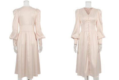 DOLLY Elegant V-Neck Long Lantern Sleeve Long Button Church Dress-NANA