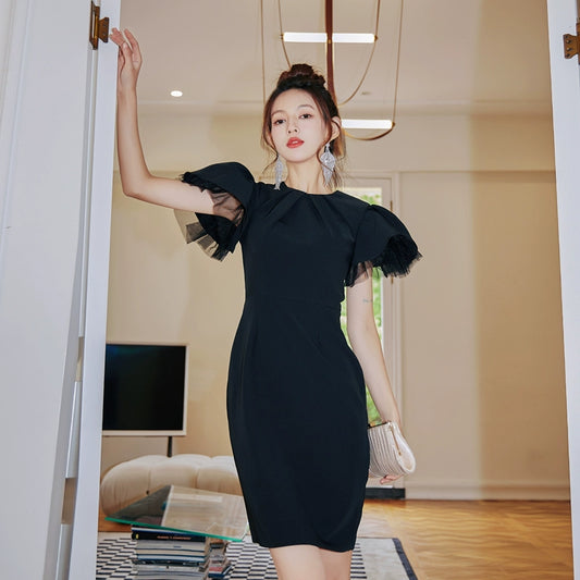 DOLLY Elegant Black Half Turtle Neck Short Puff Sleeve Midi Mesh Dinner Dress-AARTI