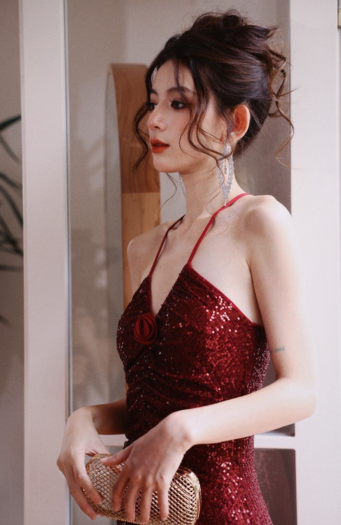 DOLLY Elegant Burgundy Red Halter Neck Slim Fit Sequin Long Cocktail Dress-KIKI (V)
