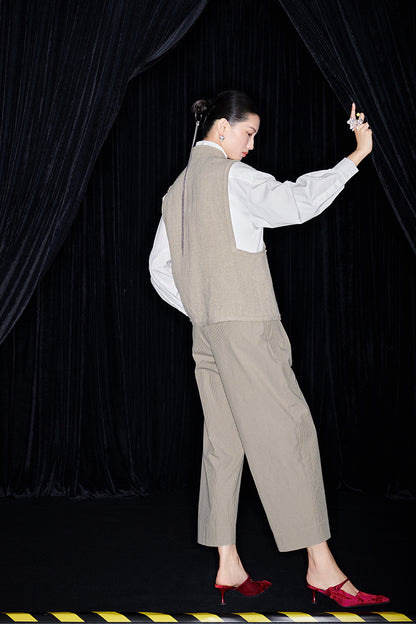 M essential Mackay Puli linen embroidered stand collar gilet vest pant set - Eight Treasures sedum