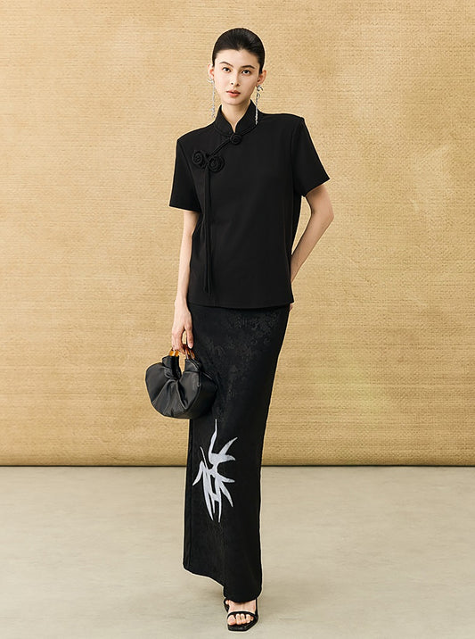 HECO Chinese Handmade Rose Tassel Short Sleeve T-Shirt  - GRADE.