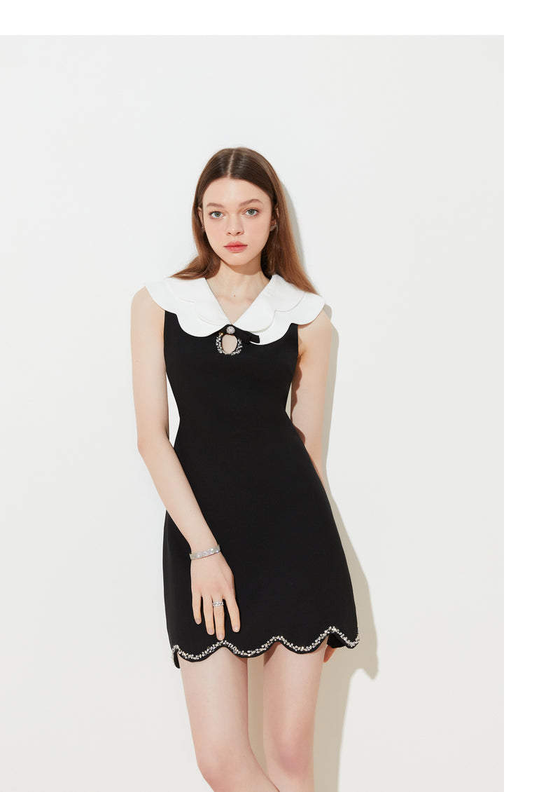 New Retro Double Contrast Petal Collar Sleeveless black dress - Rioe