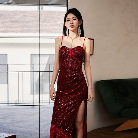 DOLLY Luxury Burgundy Red Sequin Suspender Long Slit Dinner Dress-CHE