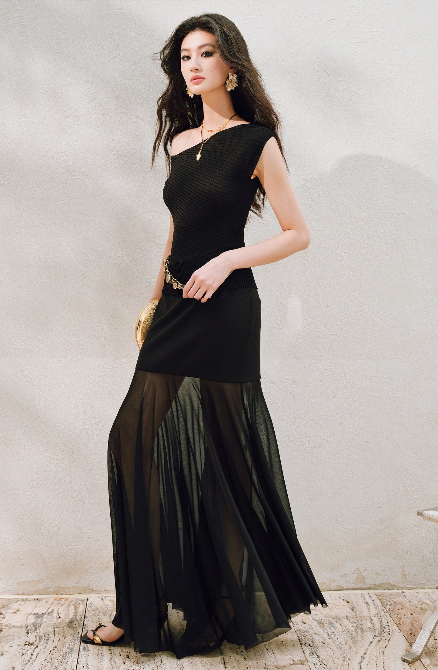 WANGXO | Twill Roman Knit with Lightweight Sheer Paneling  A-Line Hem Flowing Skirt  -RAYA