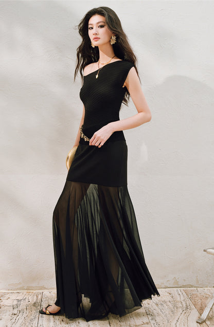 WANGXO | Twill Roman Knit with Lightweight Sheer Paneling  A-Line Hem Flowing Skirt  -RAYA
