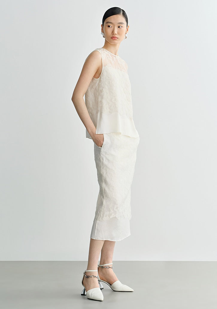 COMME MOI Silk Embroidered Top Sleeveless white Shirt - SIMON.