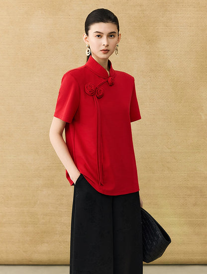 HECO Chinese Handmade Rose Tassel Short Sleeve T-Shirt  - GRADE.