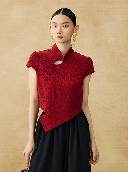 HECO Chinese acetate stand-up collar hollow buckle T-shirt - QUES.