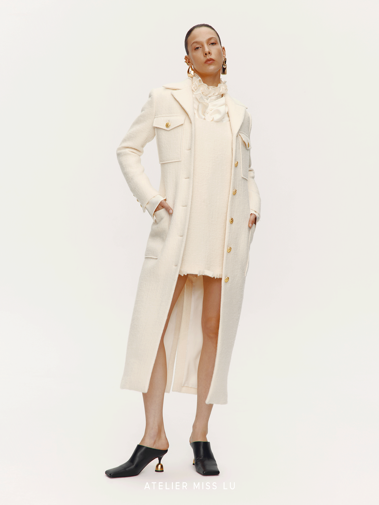 AtelierMissLu Vintage Pocket Design Sheep Wool Long Coat - ADEG.