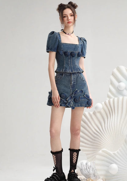 CHECOCRE Stubble sweet suit hakam three-dimensional rose retro fashionable denim skirt - VAIN.