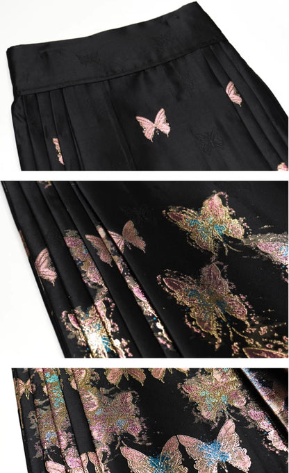 HECO Butterfly Hanfu High Waisted Pleated Long Skirt - rain.