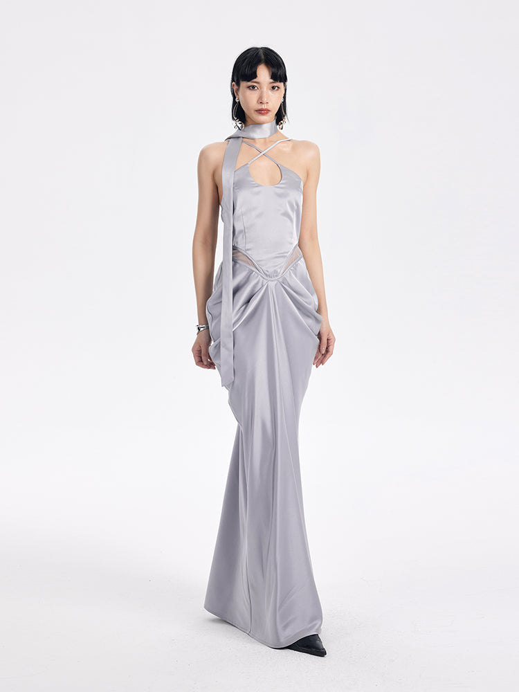 TINY IN satin irregular slip sleeveless hip pleated long dress -KING