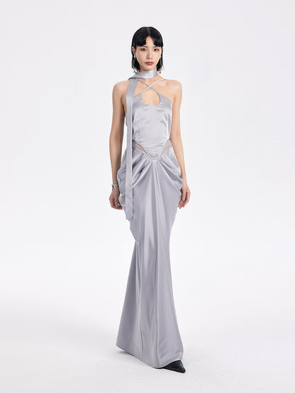 TINY IN satin irregular slip sleeveless hip pleated long dress -KING