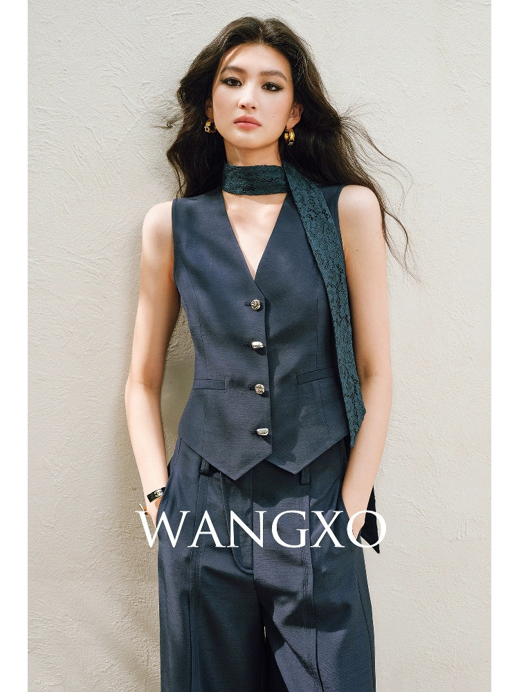WANGXO |V-Neck Vest & Belted Straight Pants Intellectual Suit Set -NÉRA