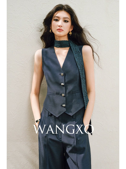 WANGXO |V-Neck Vest & Belted Straight Pants Intellectual Suit Set -NÉRA