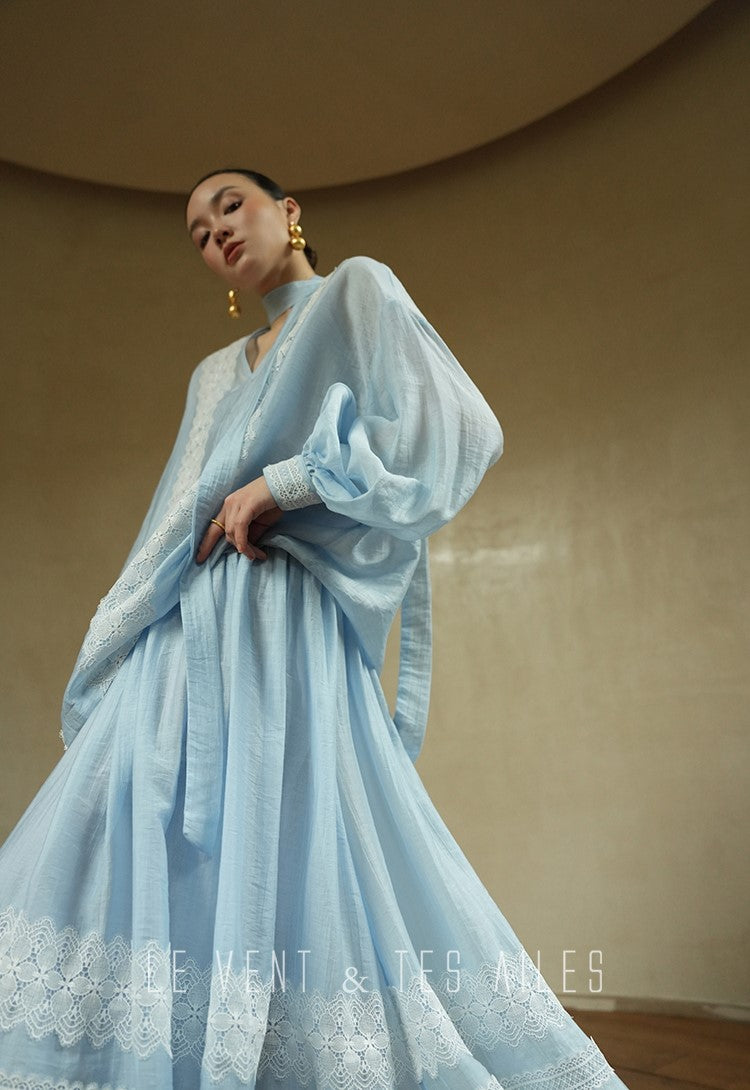 LE VENT&TES AILES pastel blue elegant summer vacation  V-neck shirt skirt set -GWEN