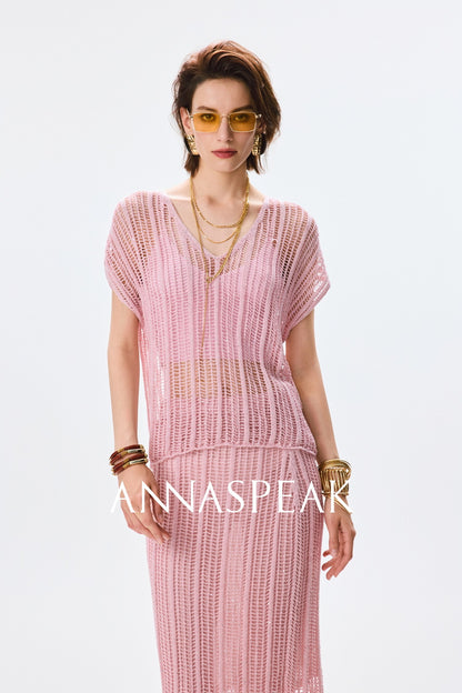ANNASPEAK Lightweight and breathable cut-out fine glitter top skirt set summer-TOSE.