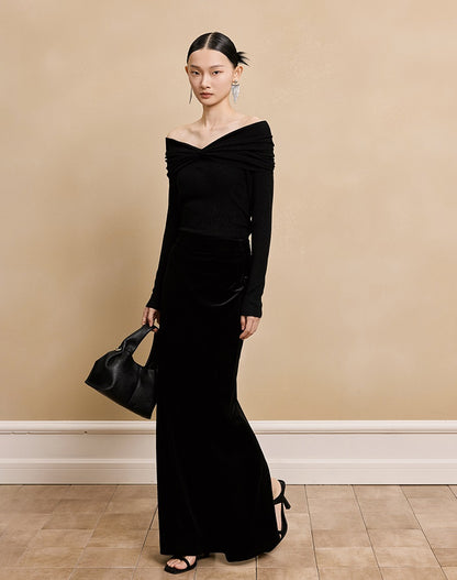 HECO  long-sleeved black red knitwear off-the-shoulder spring - DREAM.