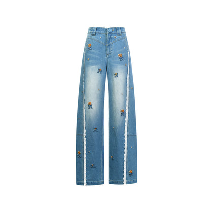 FAME Flower Beaded Patchwork Lace Denim Casual Pants - ANGEL