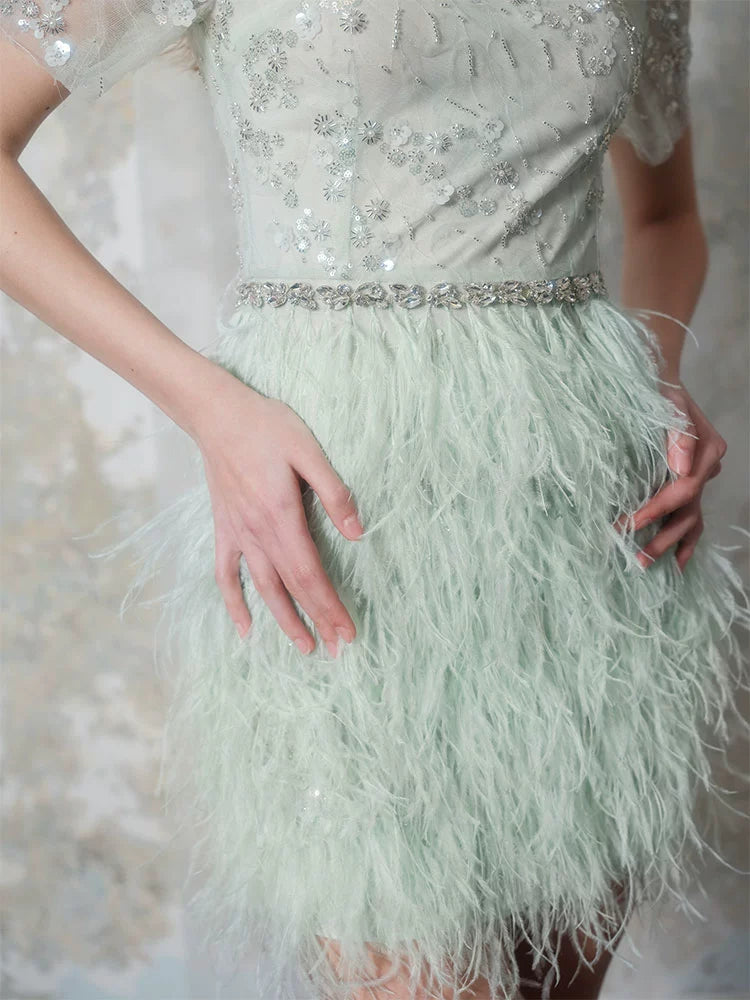 Wardrobes by Chen Luxury Mint Square Neck Lace Short Sleeve Cocktail Dress-Saint