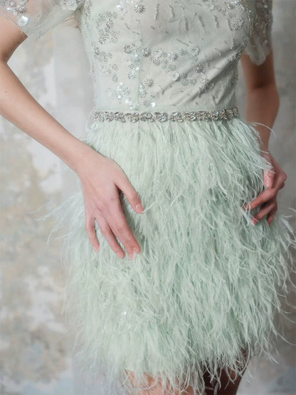 Wardrobes by Chen Luxury Mint Square Neck Lace Short Sleeve Cocktail Dress-Saint