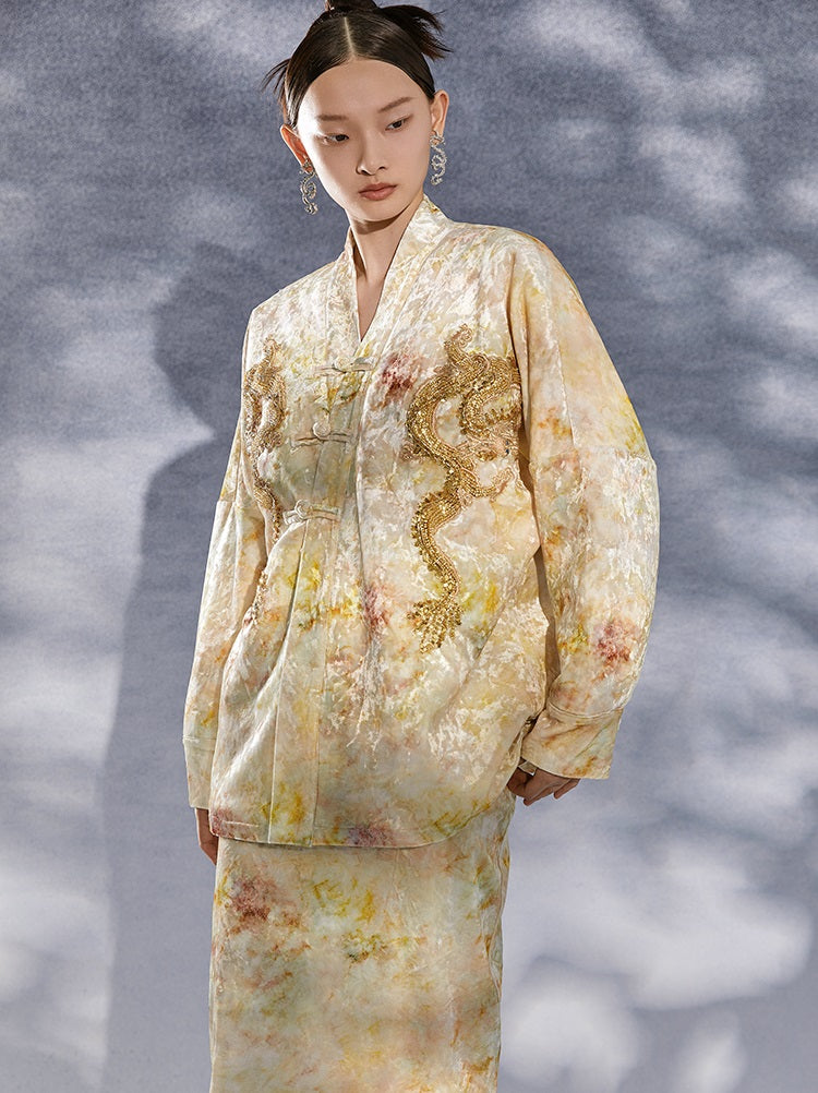 HECO 100% polyester tie dye long sleeve beige Jacket Sense Women's Top - glad.