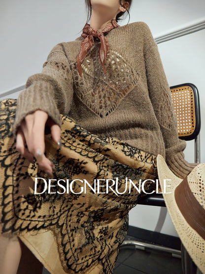 DGU| Light brown light luxury hollow design fashionable comfortable knitwear - Brianna.