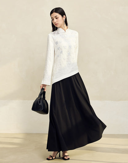 HECO Butterfly Beads Embroidered Stand-Up Collar black white T-Shirt - WORDS.