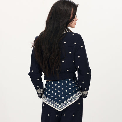 FAME Hepburn Beaded Printed Silk Scarf Embroidered Sweatshirt Jacket
