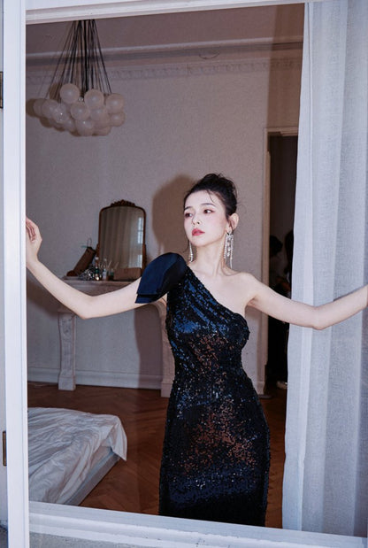 DOLLY Elegant Black Sleeveless Bow One Shoulder Slim Fit Short Dinner Date Dress-LUISA