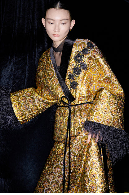 M essential Mackay gold banner jacquard crochet embroidery tunic coat - furbu.