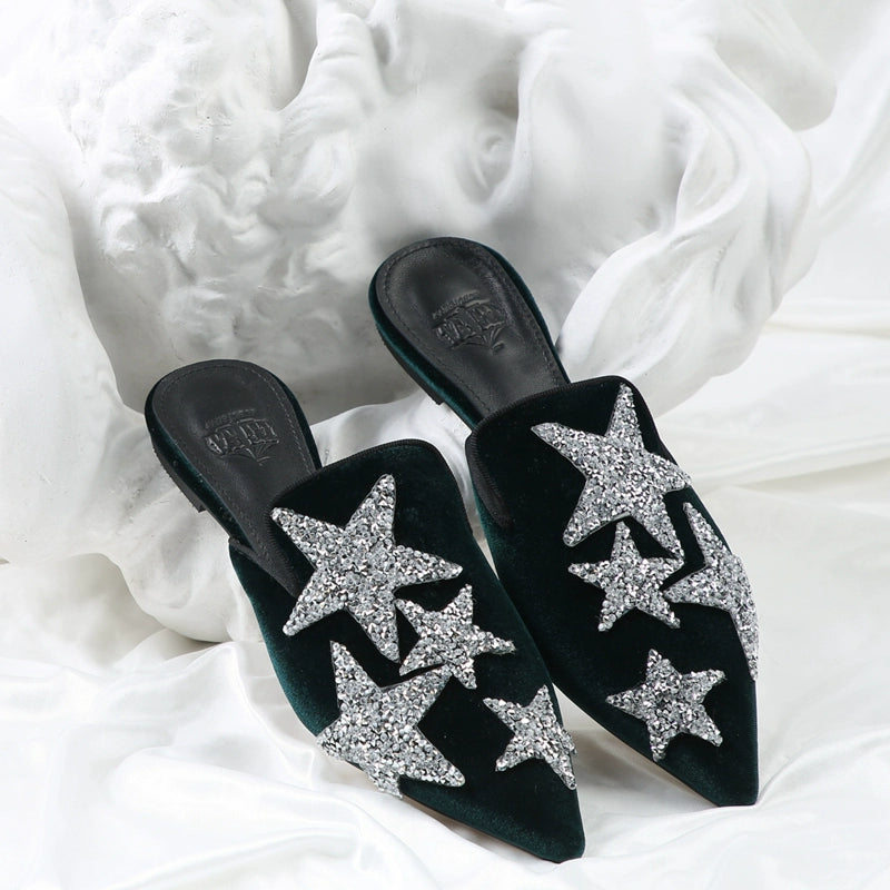 B-FEI rhinestone flats, mules, velvet slippers-LINC.